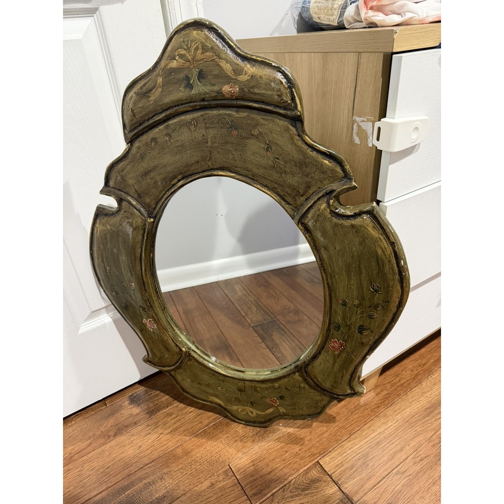 Vintage Peruvian Hand‎ Painted Wooden Wall Mirror Green Floral Flowers 32x24"